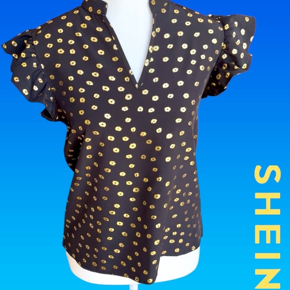 SHEIN Black Blouse with Gold Floral Accents - Picture 1 of 8